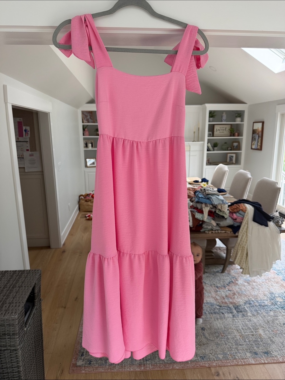 Bright Pink Tiered Midi Dress with Tie Straps
